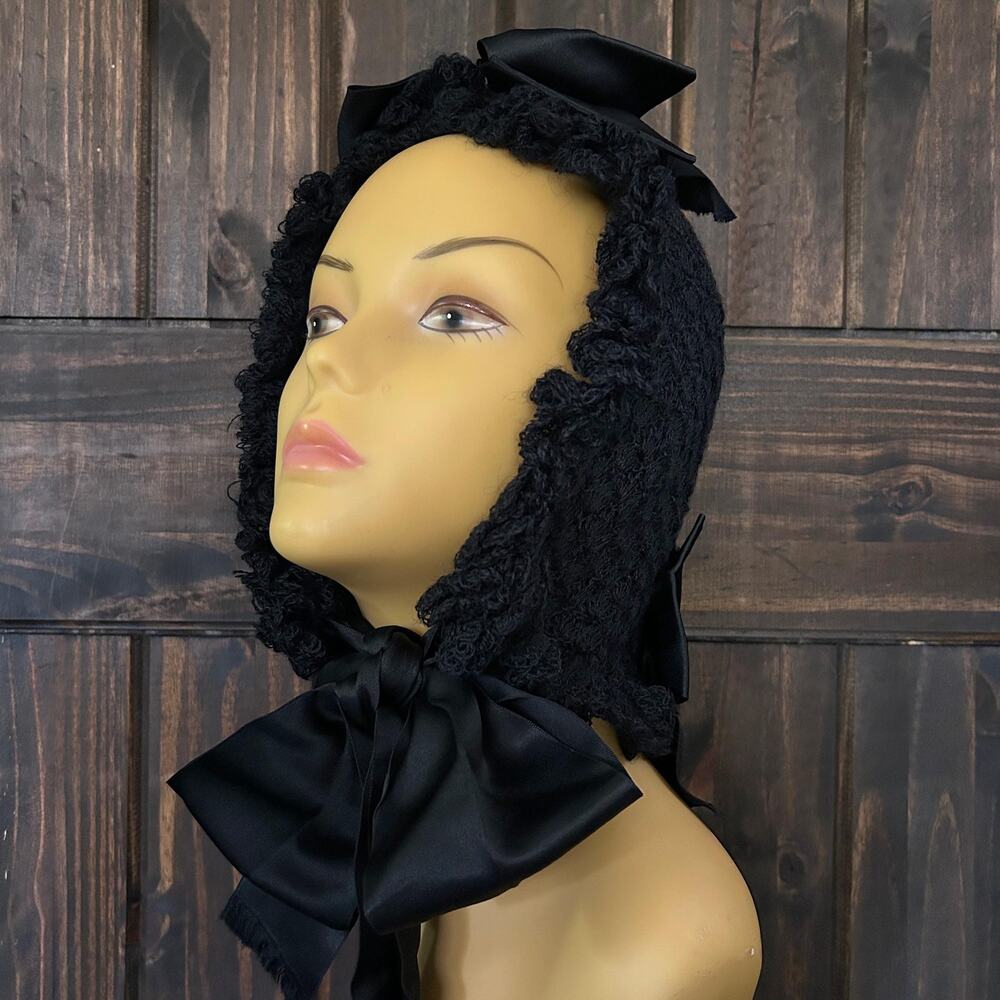 Antique 1800s Victorian Mourning Scallop Mohair Crochet Big Satin Bow Bonnet